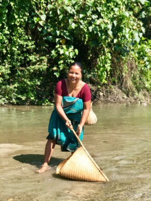 A Bodo woman fishes in a rivulet using a traditional, conical-shaped basket known as jakhoi. The gourd-shaped item worn at the waist is known as khaloi and serves the purpose of storing the freshly caught fish. Both items are made by intricately weaving together thin strips of bamboo.